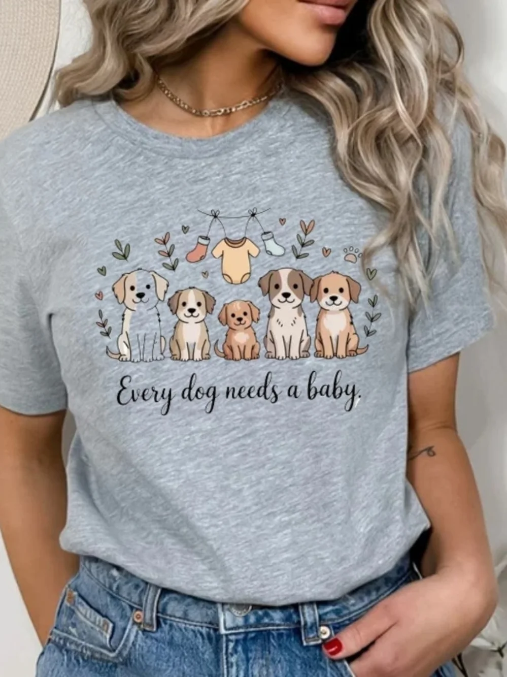 Every Dog Needs a Baby Graphic Tee - Light Gray